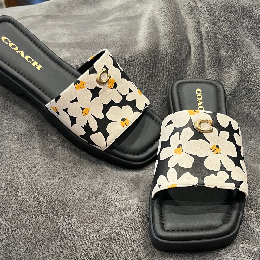 Coach Black and White Floral Slide Sandals